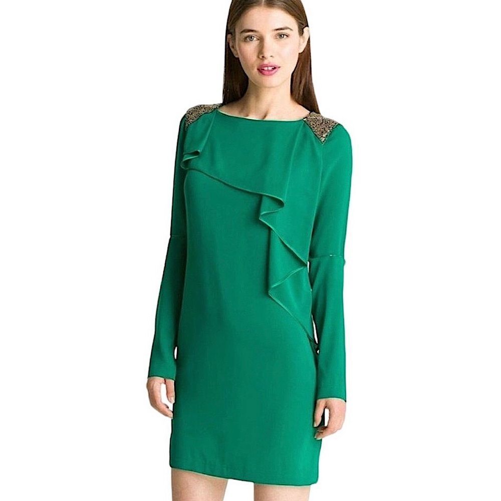ROBERT RODRIGUEZ Silk Dress Green Embellished Cascade Ruffle Size 6